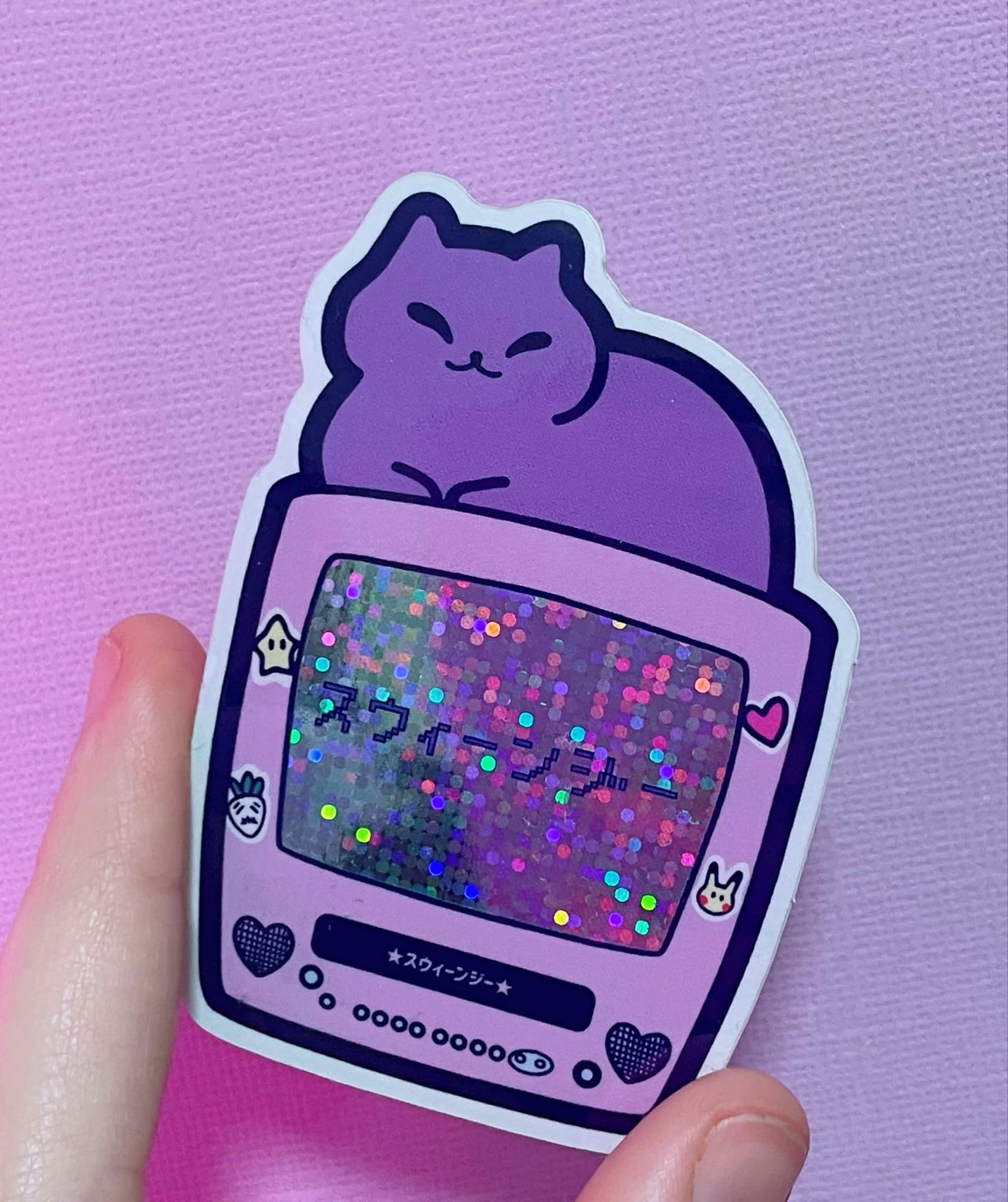 Kawaii Cat Sitting On CRT Television Glitter Holographic Vinyl Sticker